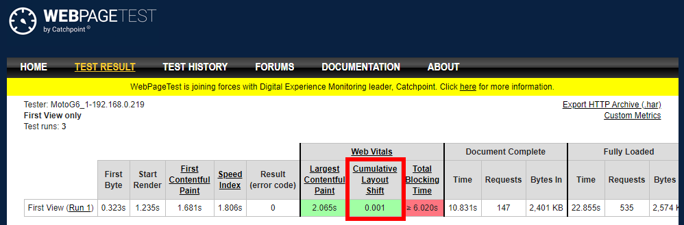 CLS in WebPagetest